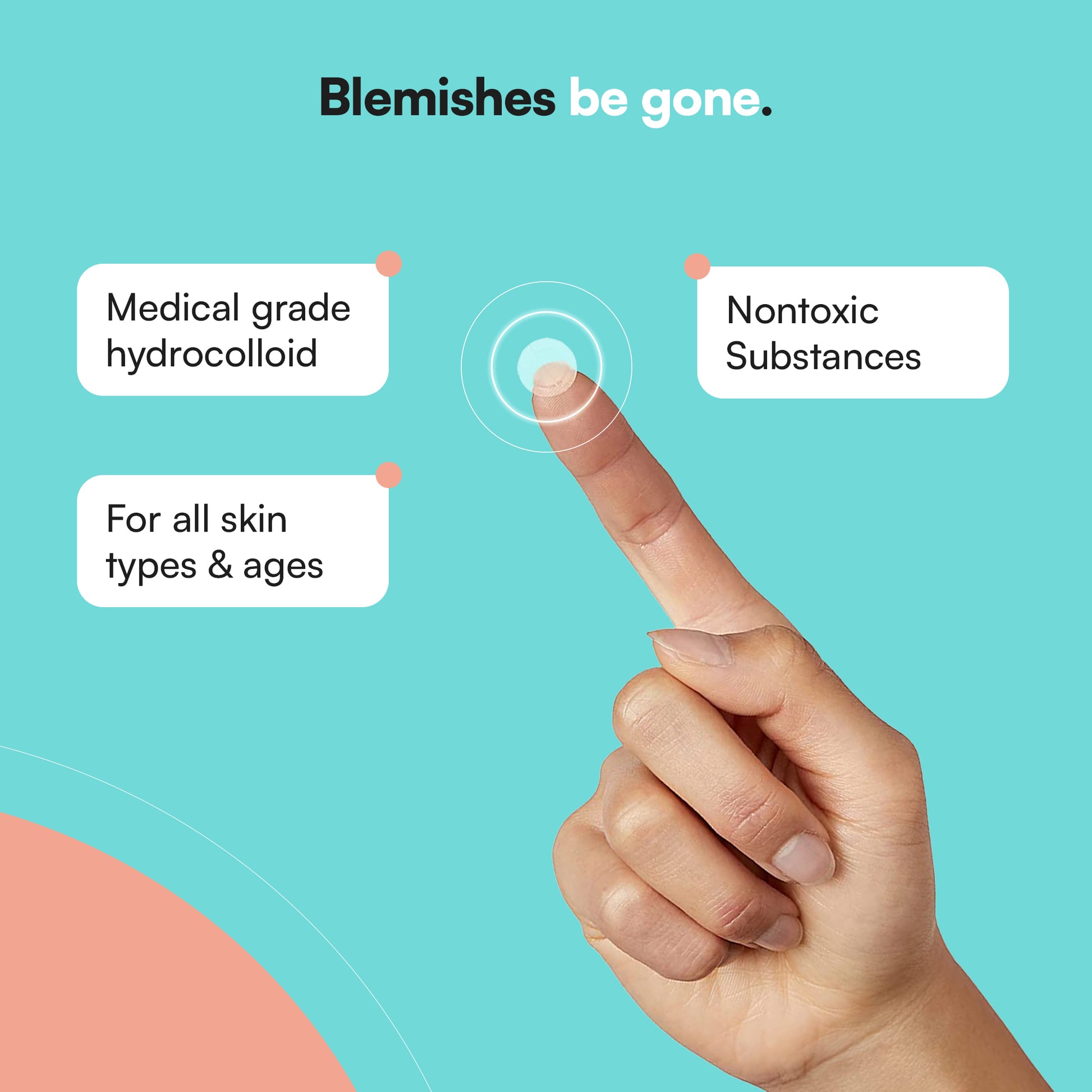 Finger pointing at the Breakout Patch Classic's promise to eliminate blemishes, Medical Grade Hydrocolloid